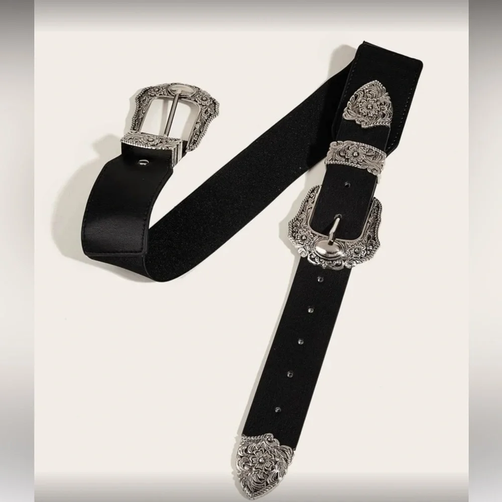 Elegant Black Belt with Silver Buckles